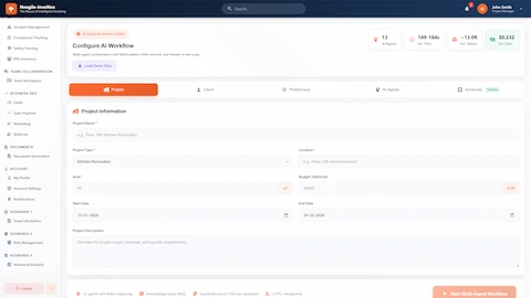 Configure AI Workflow - Project input form with fields for name, type, location, budget, and dates. Tabs for Project, Client, Preferences, and AI Agents configuration.